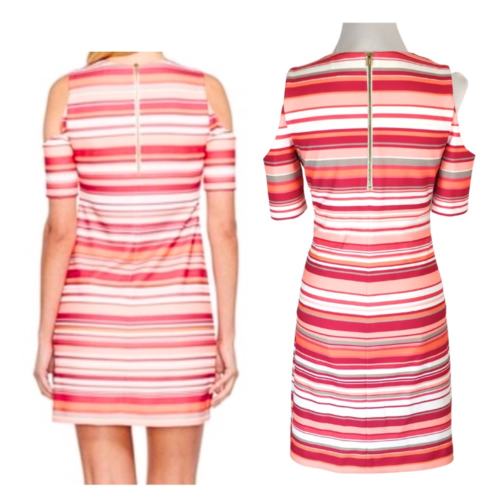 Calvin Klein HIBISCUS Pink Orange Striped Cold Shoulder A-Line Midi Dress size 6 - Picture 10 of 16